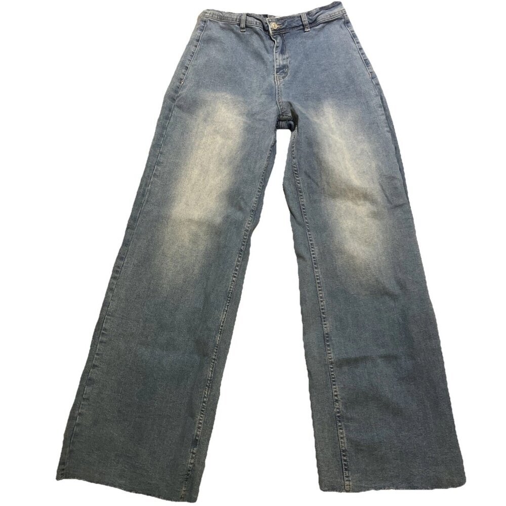 Forever 21 Jeans Women’s Sz 27 Blue Faded High Rise Wide Leg Stretch Raw Hem Y2K